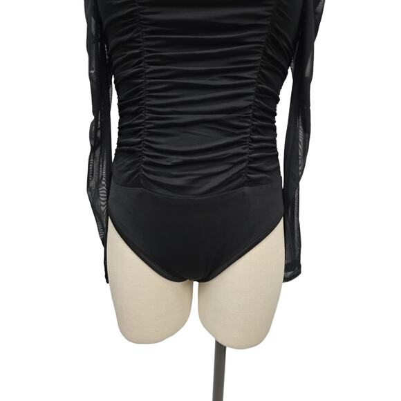 NWT Bebe Black Ruched Long Puff Sleeve Sheer Mesh Bodysuit Womens Size Small - Picture 13 of 13